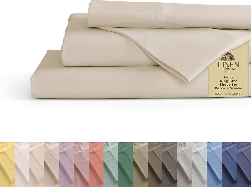 Linen Home 100% Cotton Percale Sheets King Size, Ivory, Deep Pocket, 4 Pieces Set - 1 Flat, 1 Deep Pocket Fitted Sheet and 2 Pillowcases…