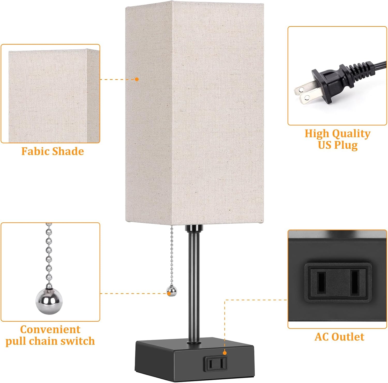 15'' Table Lamp for Bedroom set of 2,3-Color Bedside Lamps with Pull Chain Table Lamps for Night stands with AC Outlet, Small Night Light…