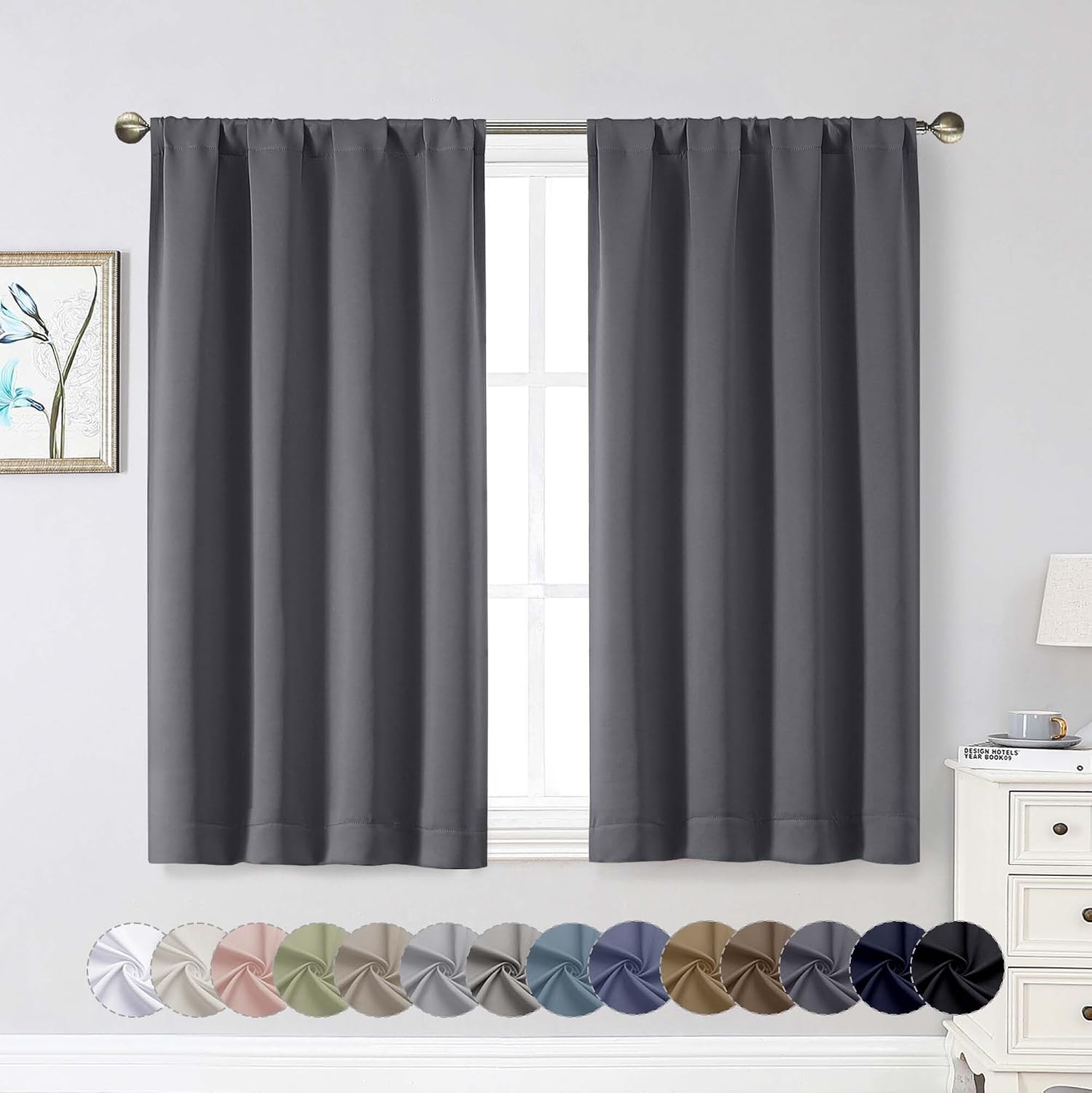 WelvetBLK Grey Room Darkening Curtains for Bedroom Living Room 45 Inch Length 2 Panels Set, Soft Solid Thermal Insulated Rod Pocket Short C…