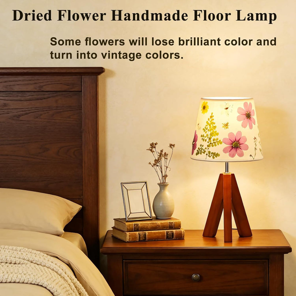 Dried Flowers Tripod Table Lamp 14.17in, 9W LED 3-Color Cute Bedside Lamp with Flowers Linen Lampshade for Nursery, Bedroom, Kid Room…