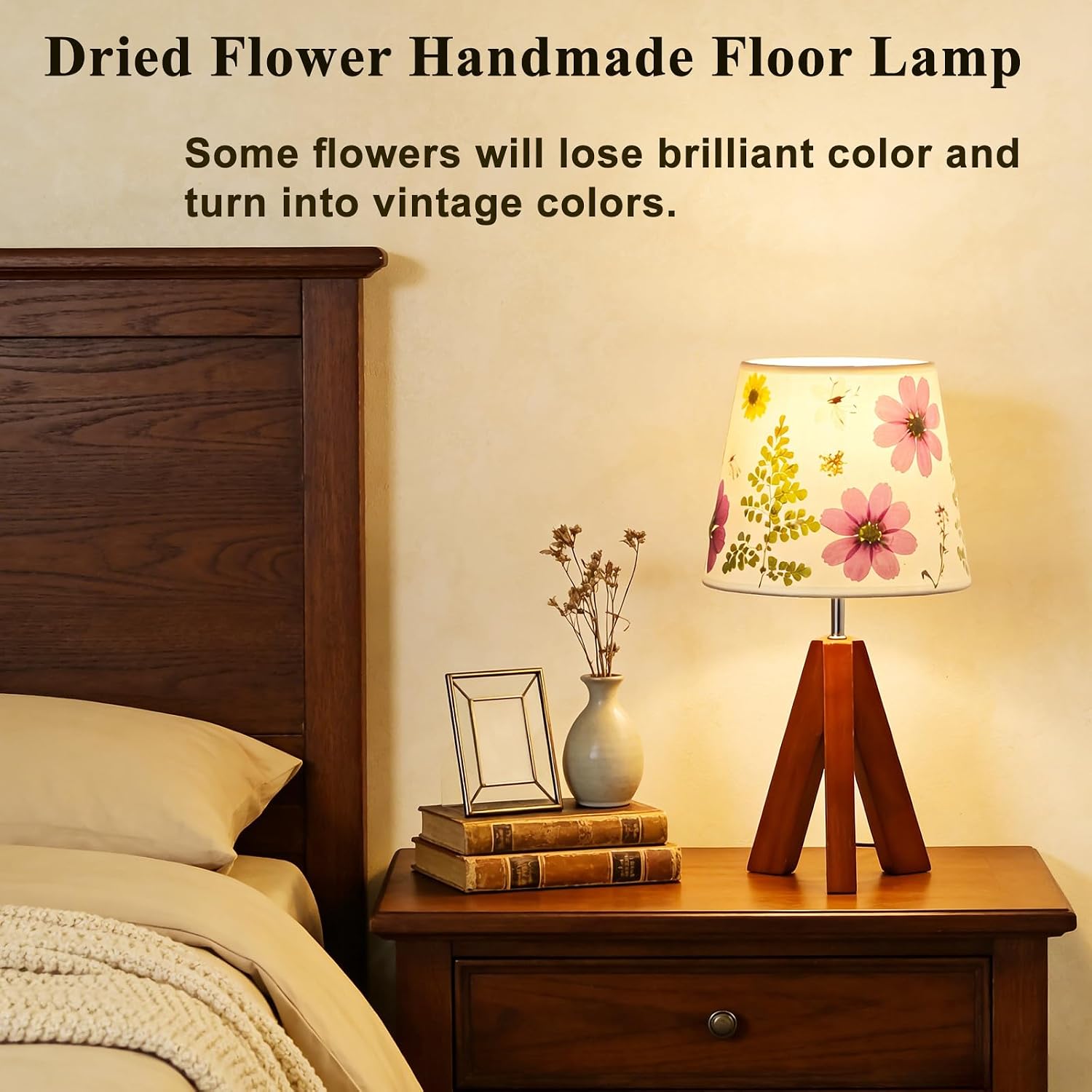 Dried Flowers Tripod Table Lamp 14.17in, 9W LED 3-Color Cute Bedside Lamp with Flowers Linen Lampshade for Nursery, Bedroom, Kid Room…