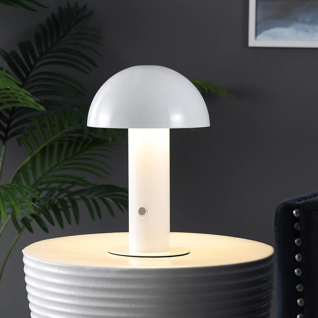 JONATHAN Y 10.75" White Rechargeable LED Mushroom Table Lamp, Cordless Portable Bedside Lamp for Living Room Bedroom, 3-Way Dimmable…