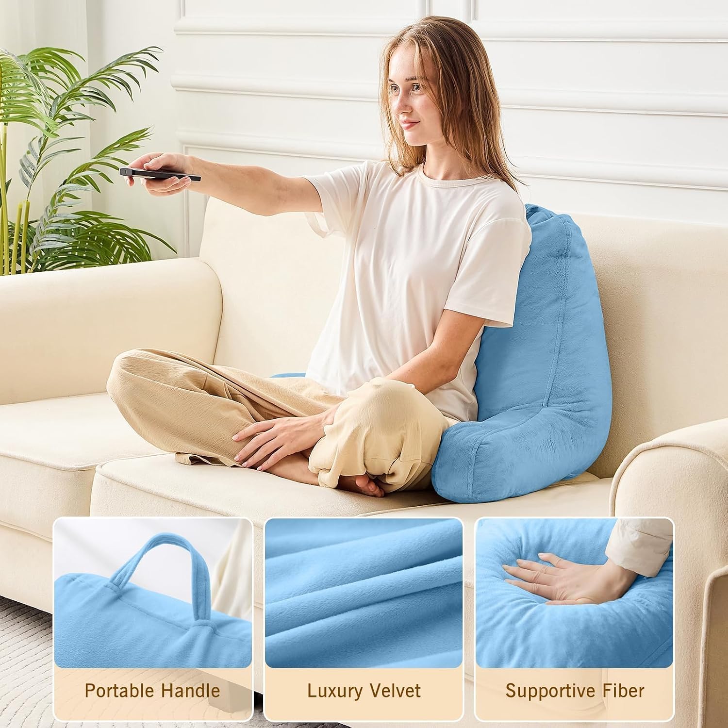 Sasttie Reading Pillow, Velvet Back Pillow for Bed Sitting Up, Adult Back-Rest Support Cushion with Arms for Sit Up on Couch, Sofa, and…