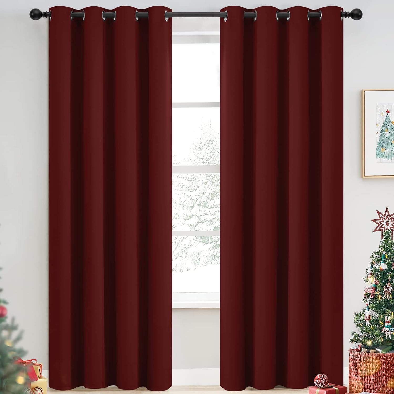 Yakamok Blackout Curtains for Bedroom, Thermal Insulated Blackout Window Curtains with Grommet Top for Living Room- Burgundy Red- 52W x…
