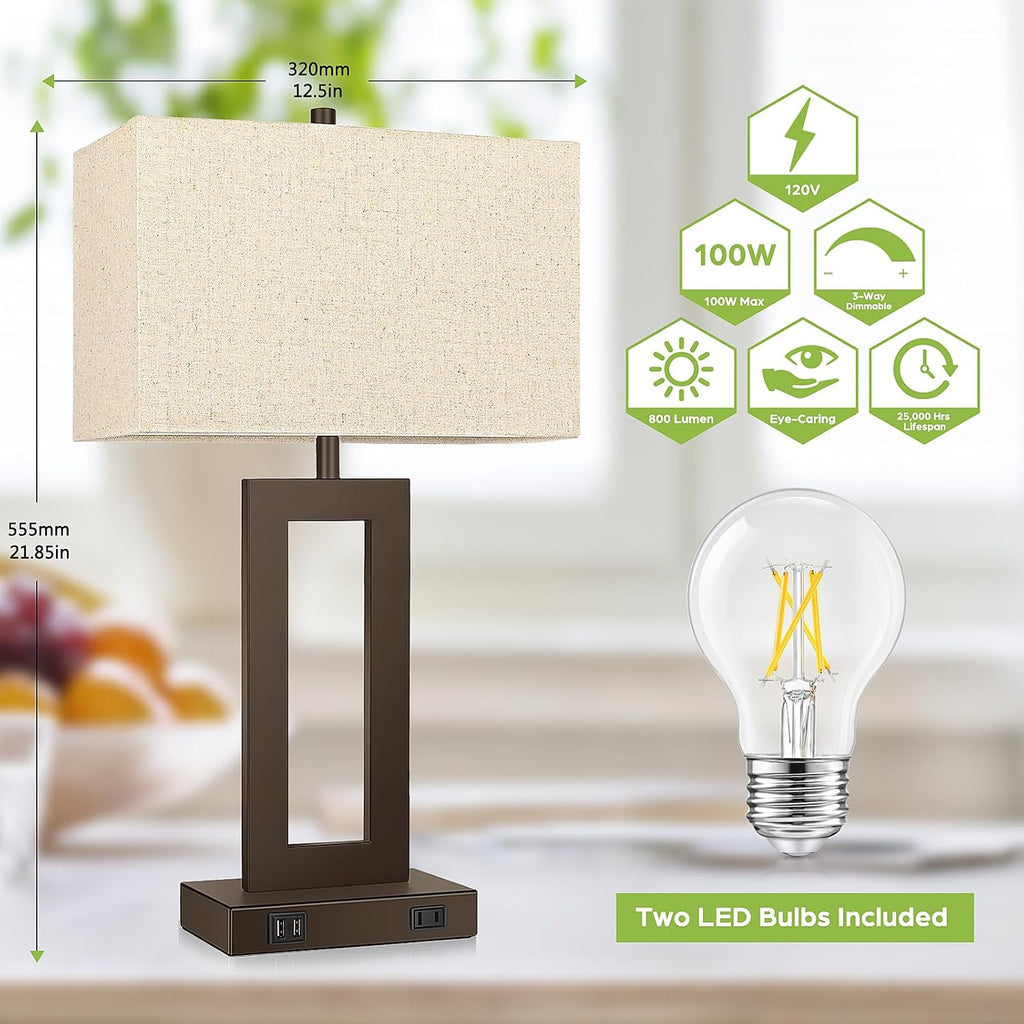 Tobusa Set of 2 Touch Control Table Lamps with 2 USB Ports&AC Outlet, 3-Way Dimmable Modern Nightstand Lamp Sets, Brown Bedside Desk Lamps…