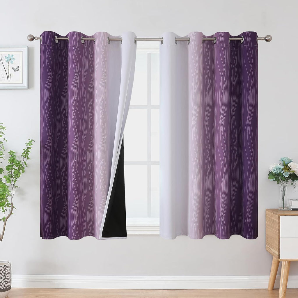 Estelartextiler Estelar Textiler Purple and Greyish White Blackout Curtains 54 Inch Length, Light Blocking Gradient Grommet Drapes for Livi…