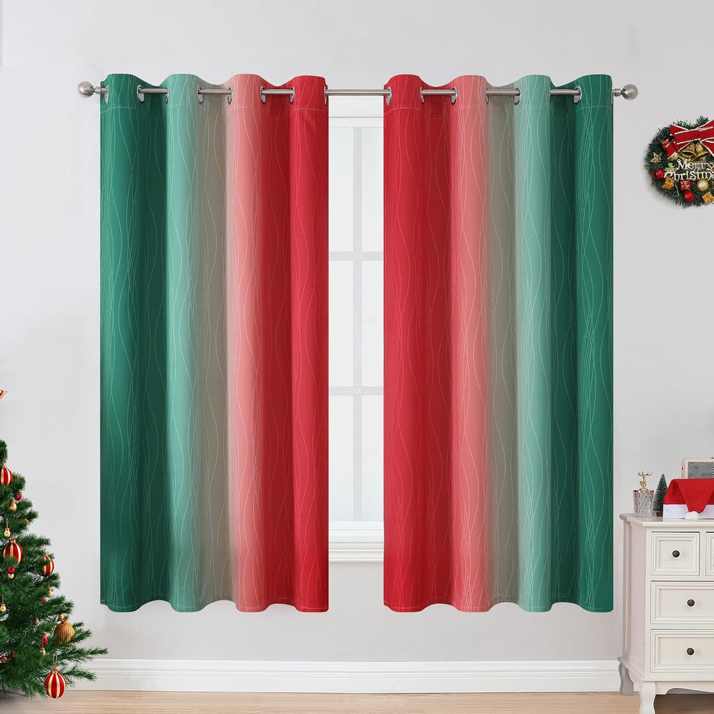 Estelartextiler Estelar Textiler Red and Green Blackout Curtains for Christmas Room, Full Room Darkening Grommet Ombre Curtains for Bedroom…