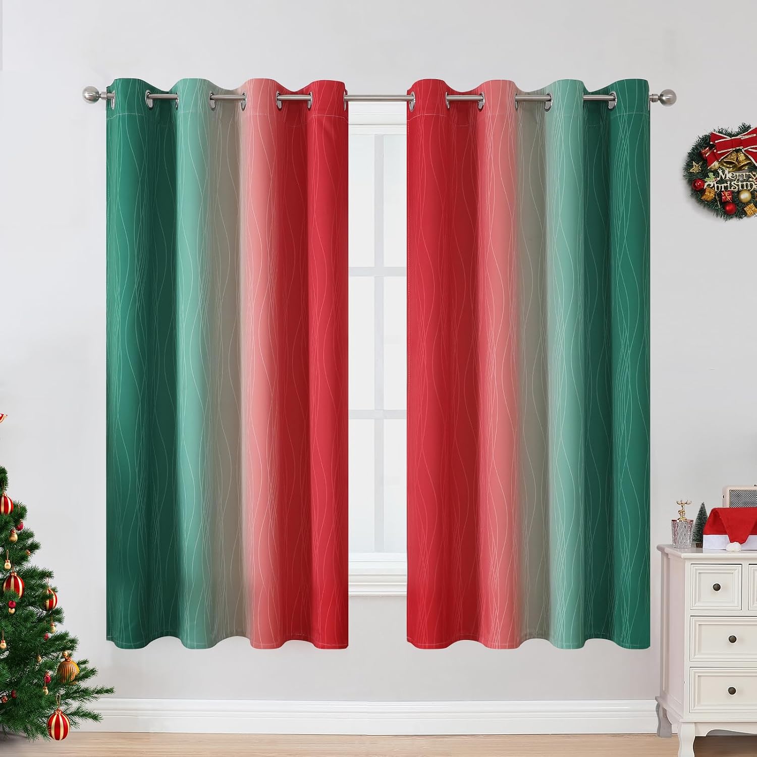 Estelartextiler Estelar Textiler Red and Green Blackout Curtains for Christmas Room, Full Room Darkening Grommet Ombre Curtains for Bedroom…