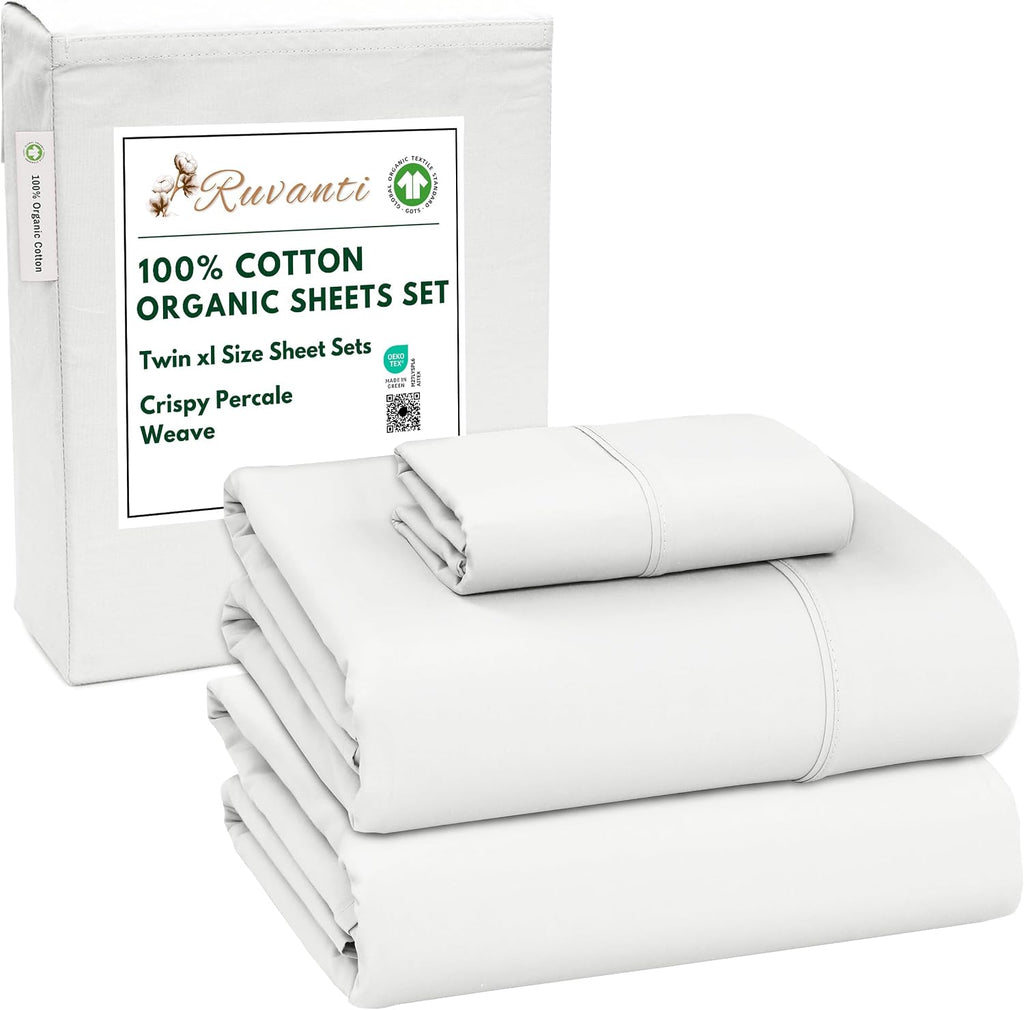 Ruvanti 100% Cotton Organic Percale Sheets Twin XL Size – Crisp Cooling Bed Sheets for Hot Sleepers, Deep Pocket 15”, Soft Peach Finish, Br…