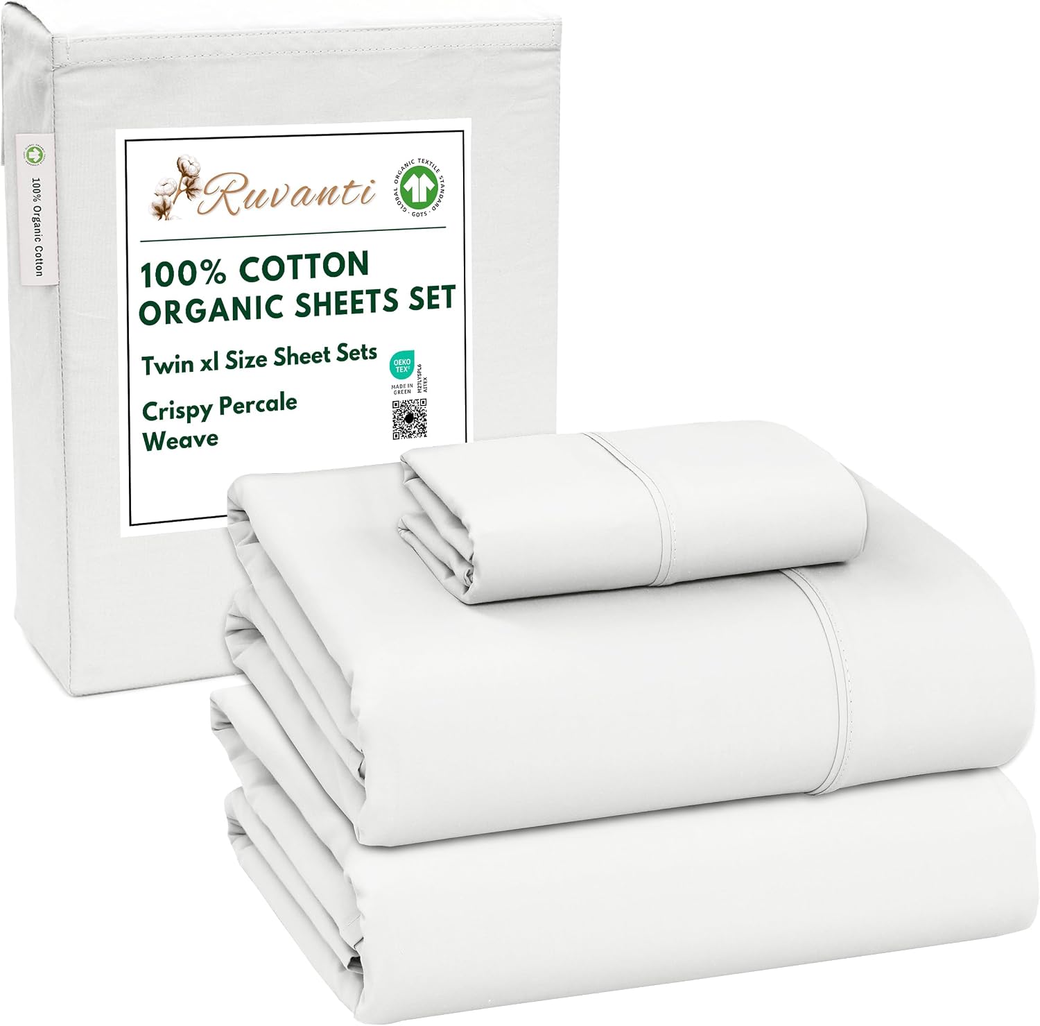 Ruvanti 100% Cotton Organic Percale Sheets Twin XL Size – Crisp Cooling Bed Sheets for Hot Sleepers, Deep Pocket 15”, Soft Peach Finish, Br…