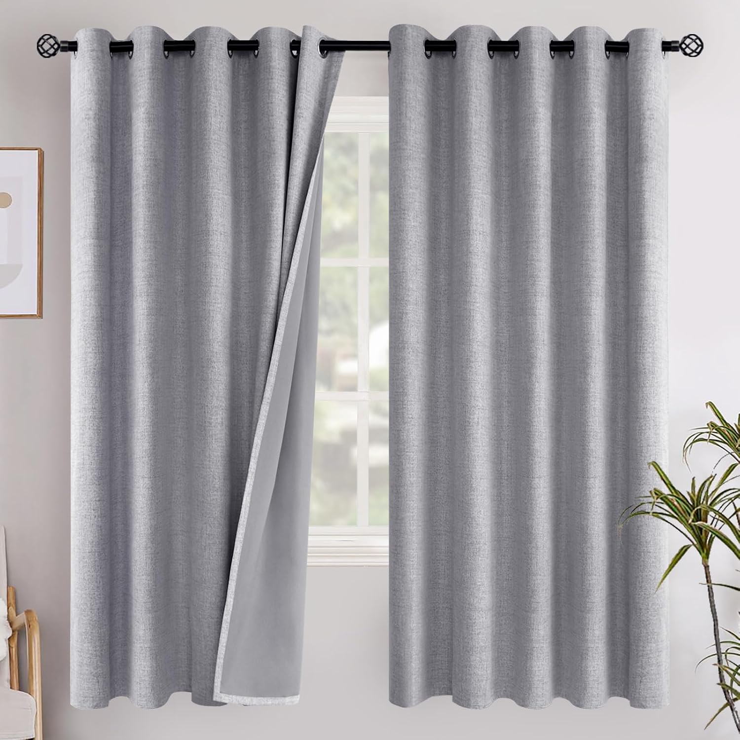 YoungsTex Grey Linen Blackout Curtains 63 Inch Length for Bedroom, Thermal Insulated Drapes Extra Wide with Grommet Full Light Blocking for…