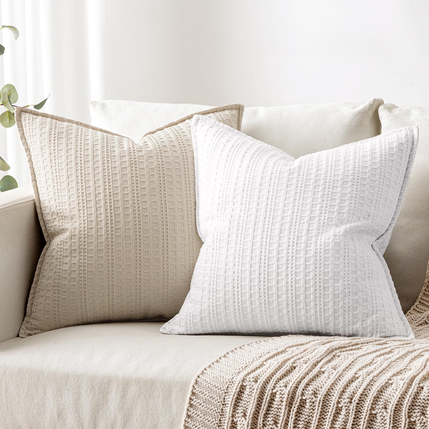 Set of 2 Decorative 100% Cotton Waffle Throw Pillow Covers 20x20, Neutral Euro Shams Weave European Cushion Cases for Couch Sofa Bed…