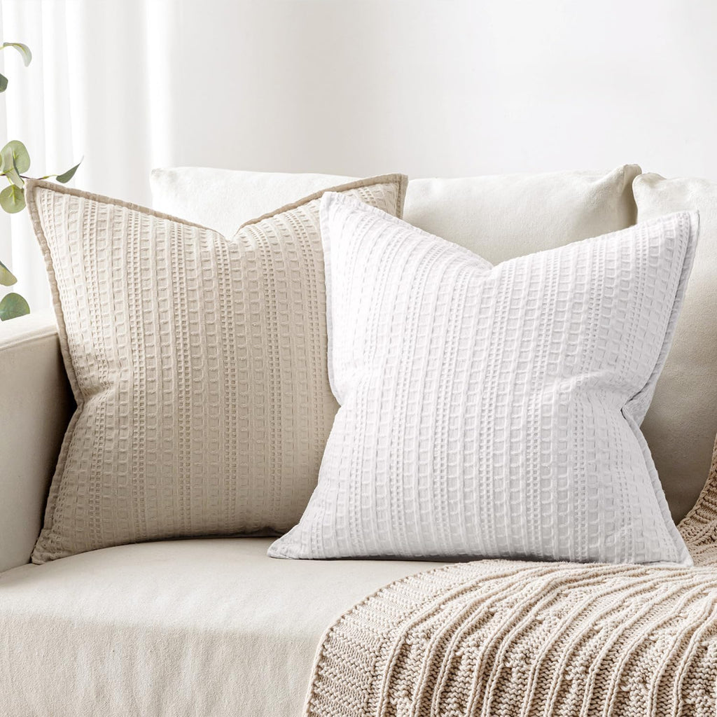 Set of 2 Decorative 100% Cotton Waffle Throw Pillow Covers 18x18, Neutral Euro Shams Weave European Cushion Cases for Couch Sofa Bed…