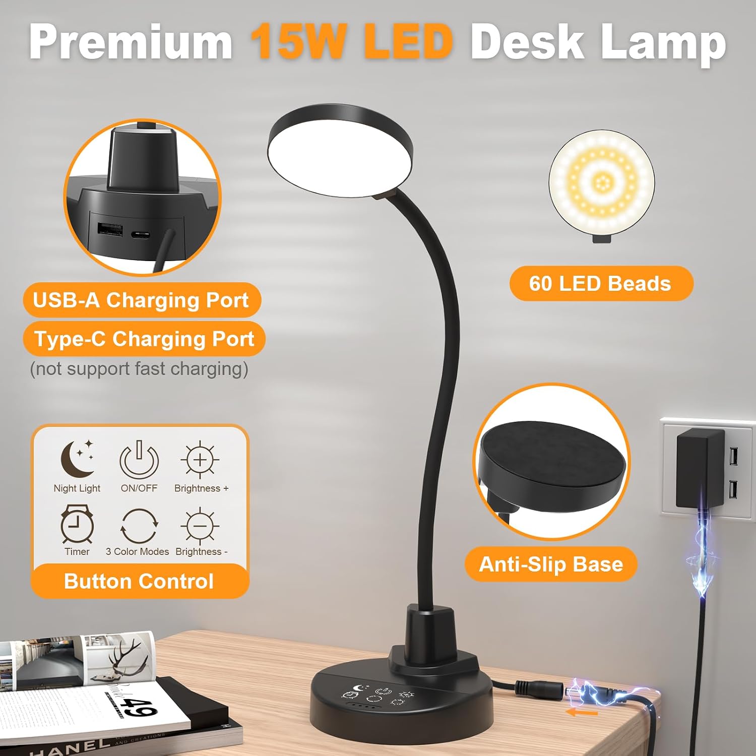 15W LED Desk Lamp with USB Charging Ports – Dimmable Table Lamp with 3 Color Temps, 5 Brightness, 4 Timers, Flexible Gooseneck Light with…