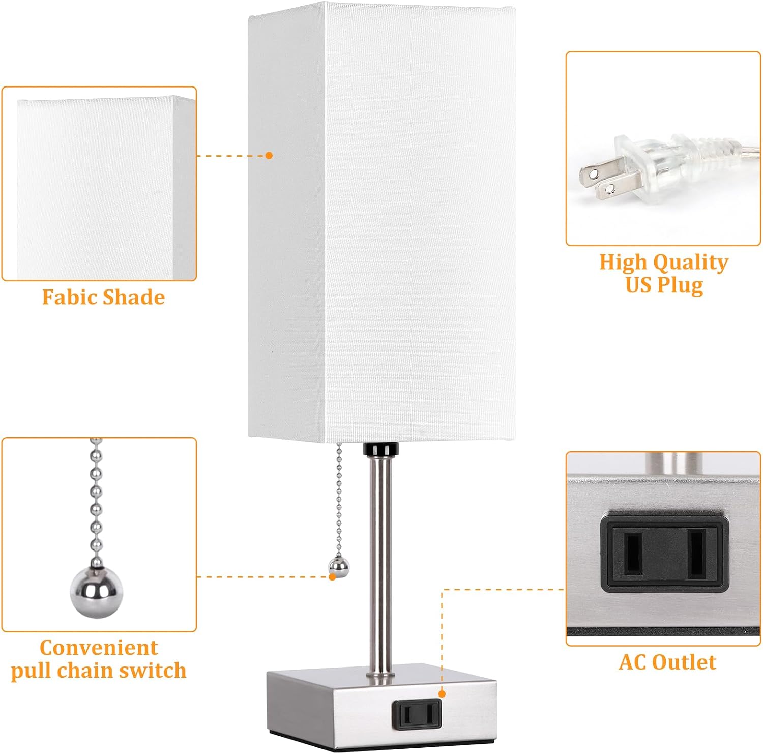 Dott Arts Touch Control Bedside Lamp, 3 Way Dimmable Nightstand Lamp with 2 USB Ports & AC Outlet, Modern Style, White Fabric Shade