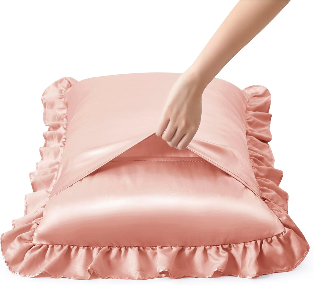 HommxJF Silky Satin Ruffled Pillow Cases for Hair and Skin, Rose Gold Silk Pillowcases Queen Set of 2 with Envelope Closure Princess Room De…