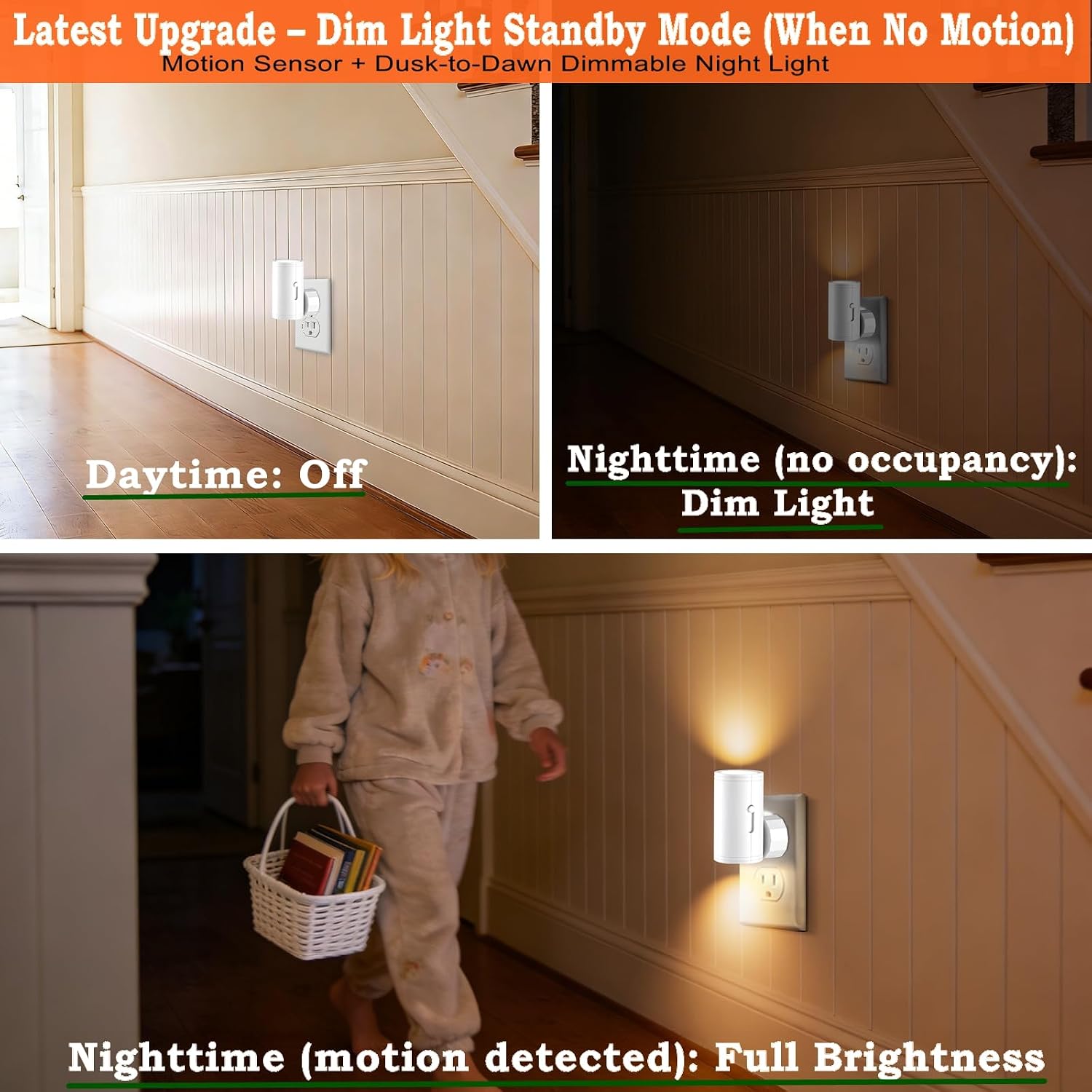 Motion Sensor Night Light with Dusk-to-Dawn Auto On/Off, Plug-in Wall Night Lights (Soft White 3000K), Dimmable 5–150 LM, Dim Standby…