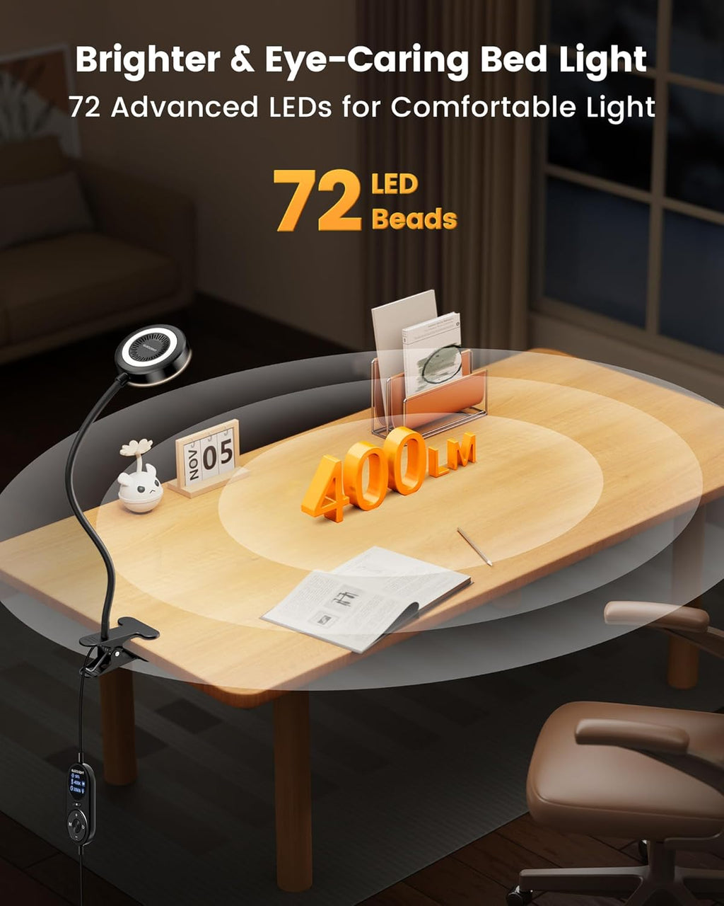Glocusent Clip on Light, 72 LEDs Clip on Lamp with Amber Night Light, 3 Colors & 5 Brightness Bed Lamp, 30/60-Min Auto Off Timer, Perfect…