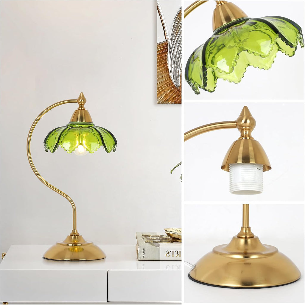 Glass Beside Table Lamp for Bedroom, Plug In Gold Desk Lamp, Vintage Flower Nightstand Lamp, Table Lamps for Living Room, Small Desk…