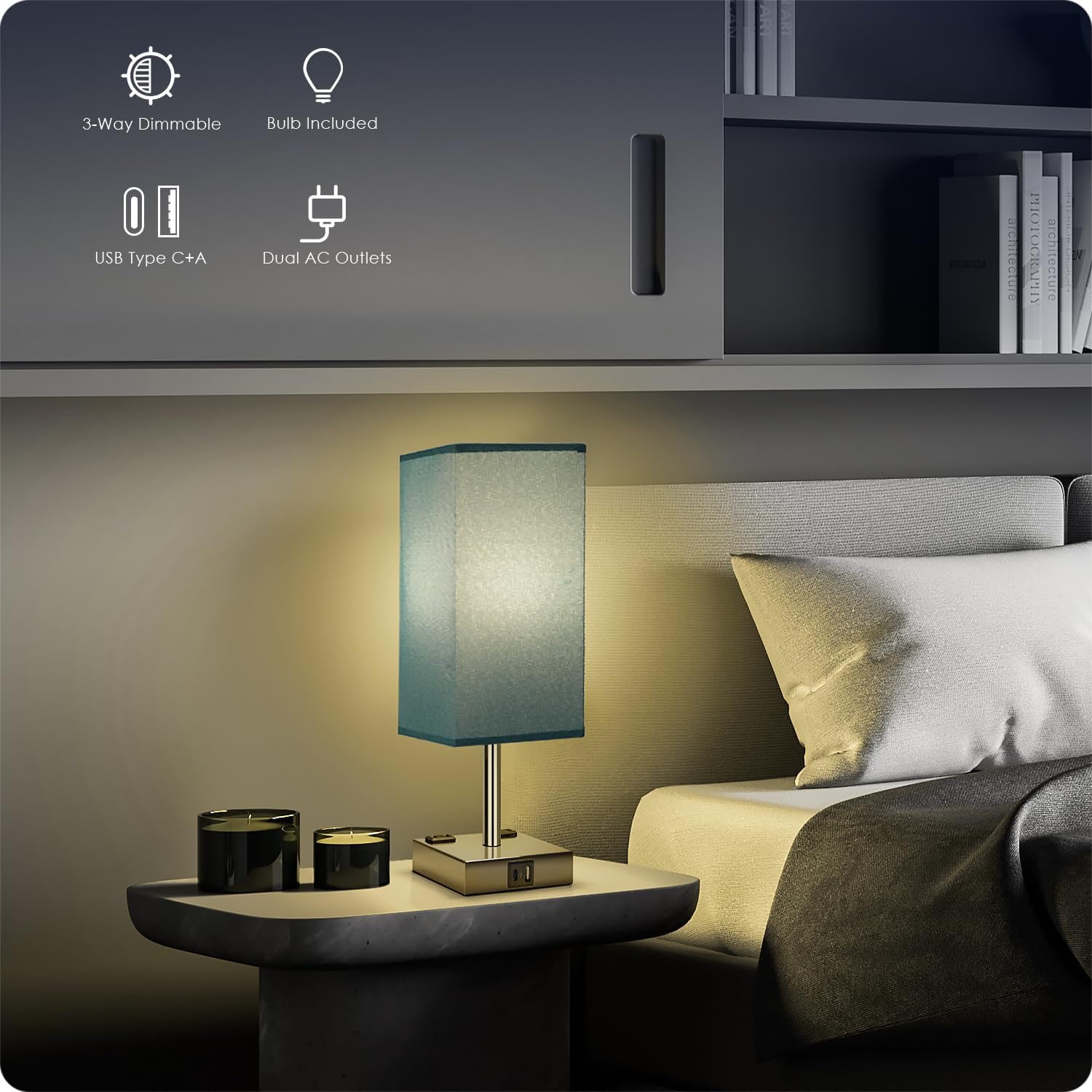 Bedside Lamp with USB Ports - Touch Control Table Lamp for Bedroom with USB C+A Charging Ports & AC Outlets, 3 Way Dimmable Nightstand…