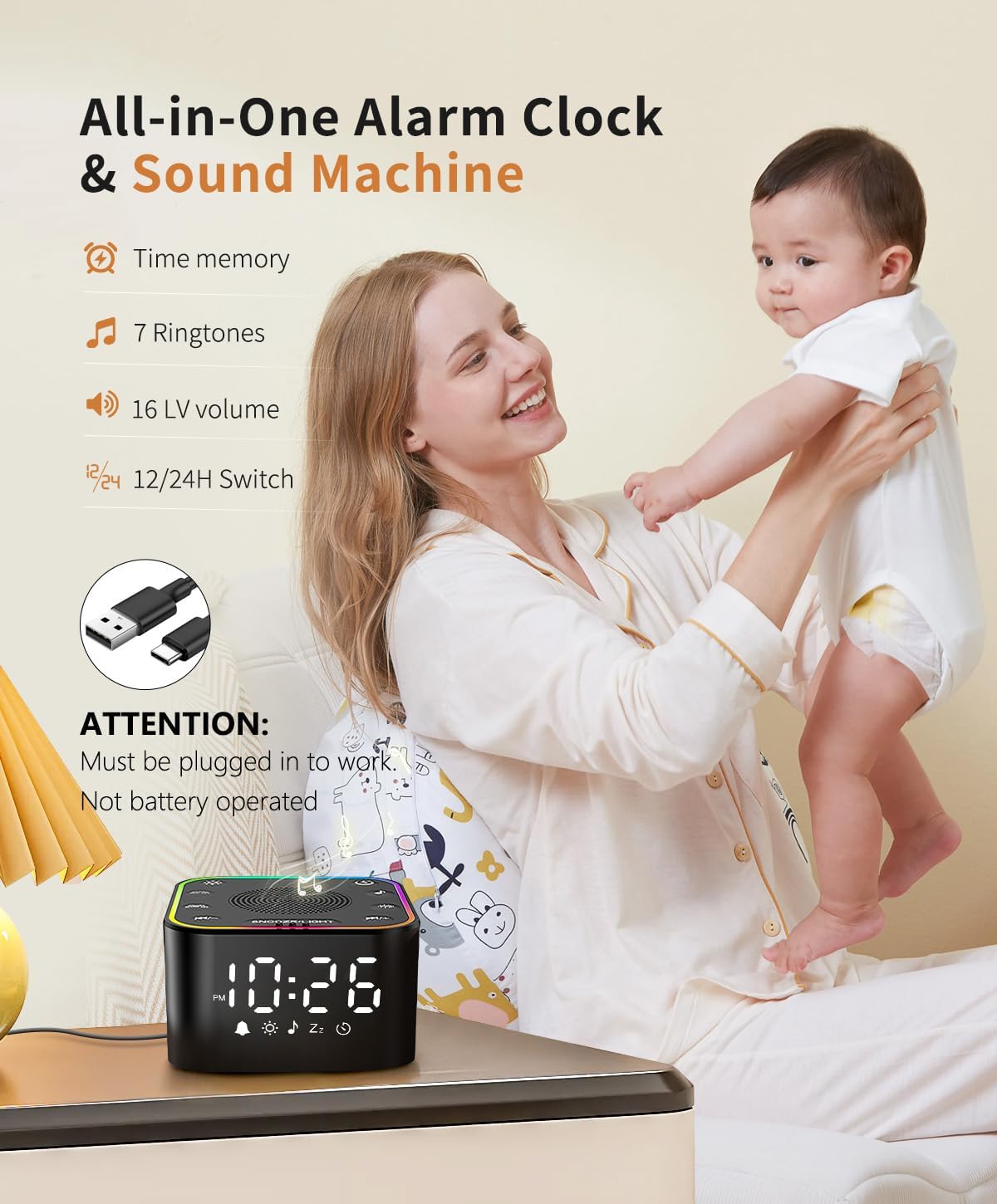 White Noise Sound Machine, Alarm Clock with Sound Machine for Sleeping, White Noise Machine with Digital Clock for Bedrooms, RGB Night…