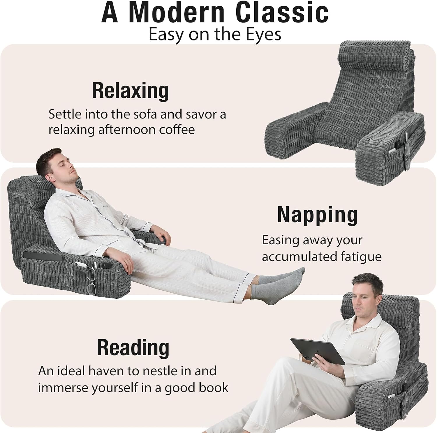 21" Reading Pillow for Bed with Built-in Arms & Large Pockets, Supportive Backrest Cushion for Reading, Resting, or Reclining, Washable…