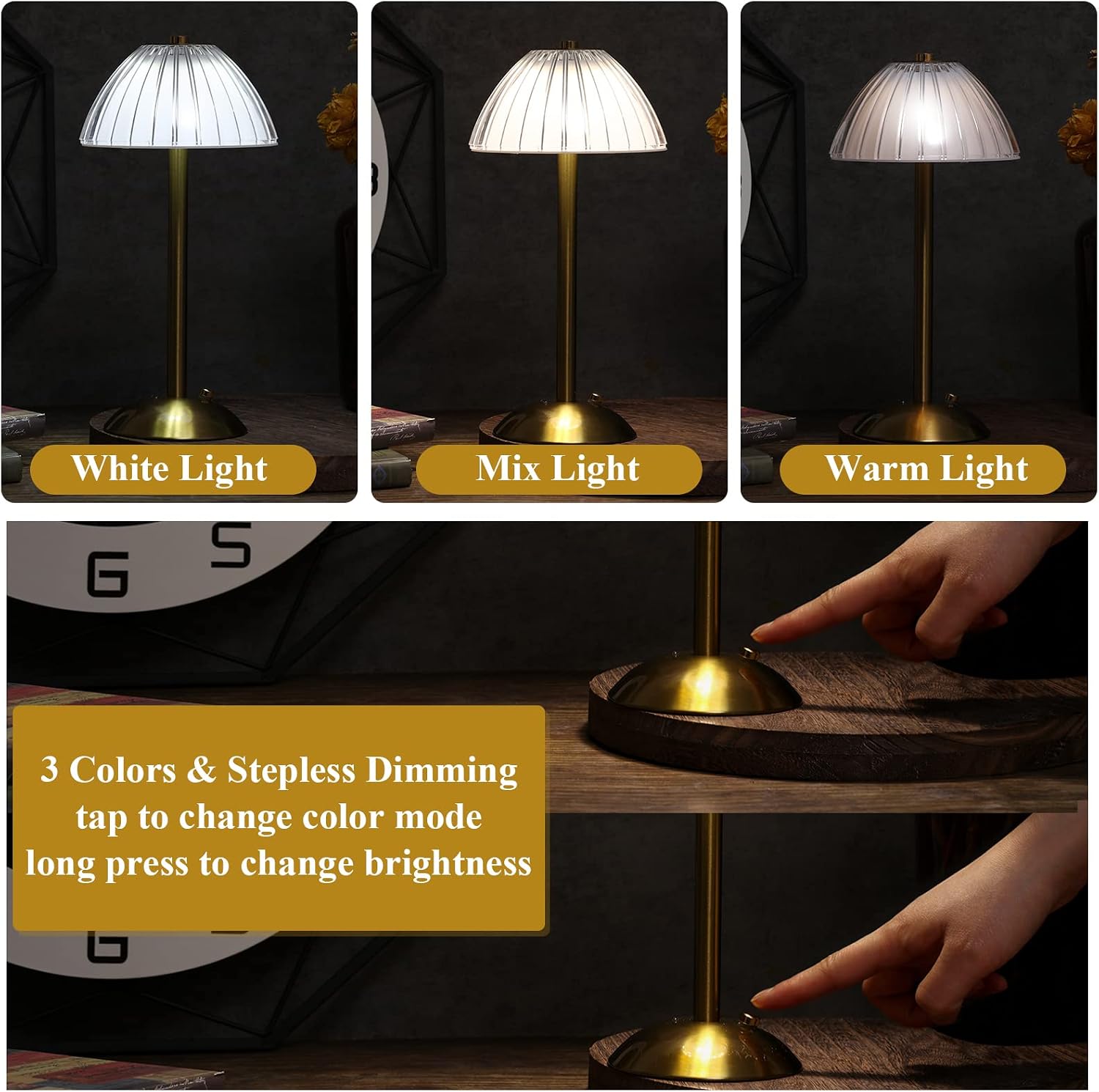 Liliful 4 Pcs Cordless Table Lamp Rechargeable Touch LED Small Gold Portable Battery Operated USB-c Desk Lamp 3 Color Dimmable for…