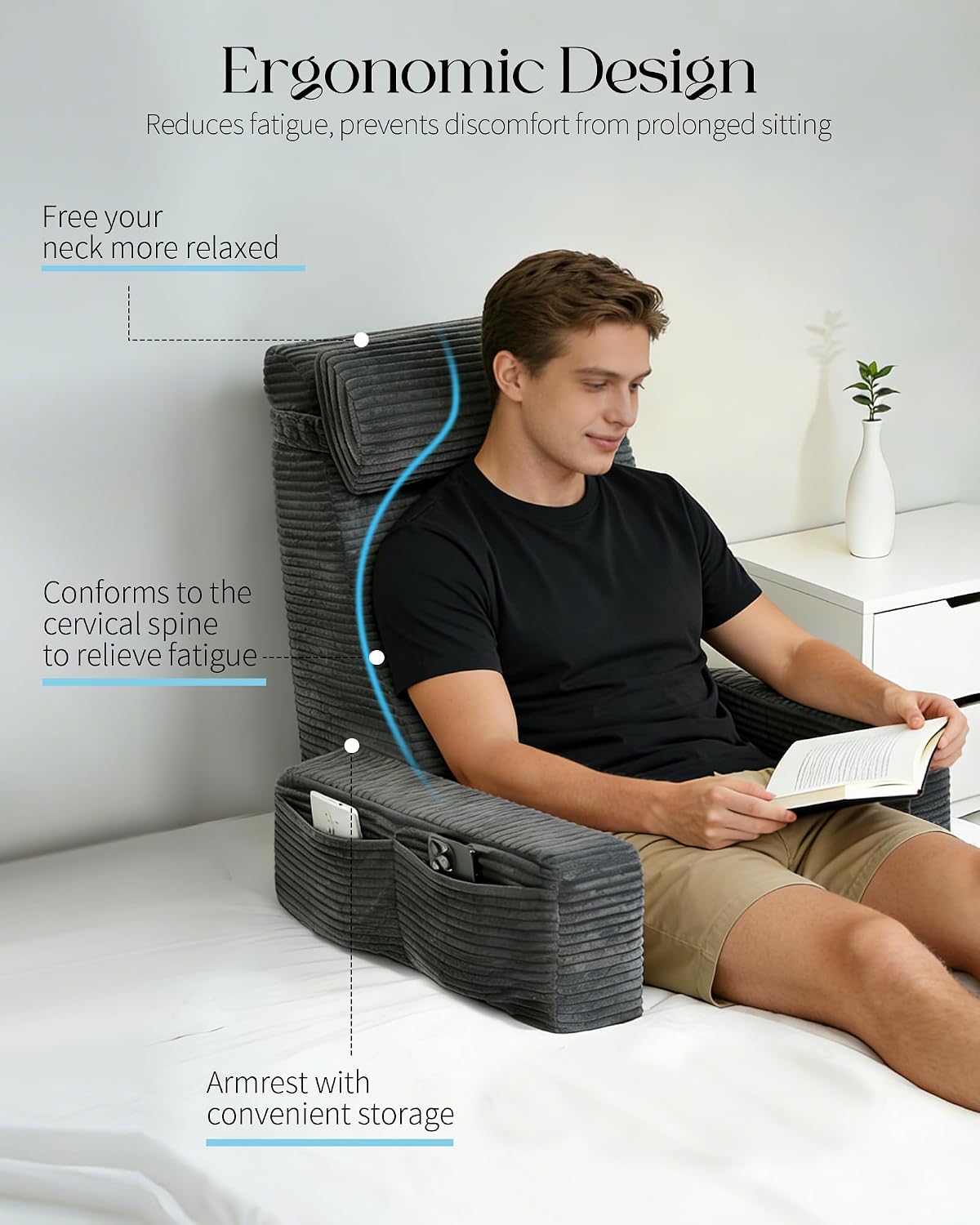 Seniny Reading Pillow for Bed Adult - 24" Back Support Pillow for Sitting Up Rest, Husband Bed Chair and Backrest Pillow with Arms, Lounge…