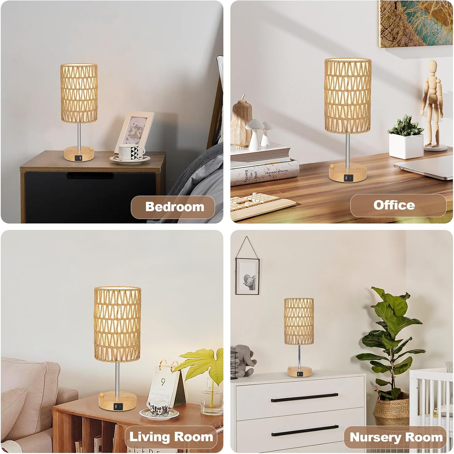 Boho Table Lamp for Bedroom with Bulb, Small Touch Control Table Lamp for Living Room with Rattan & Linen Shade, 3 Way Dimmable Bedside…