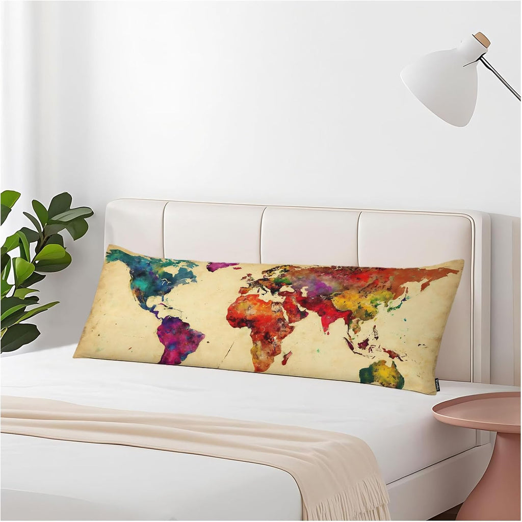 World Map Body Pillow Pillowcase, Retro World Map Colorful Body Pillow Cushion Cover, 20x54 Inch Lumbar Pillow Cover Large Pillow…