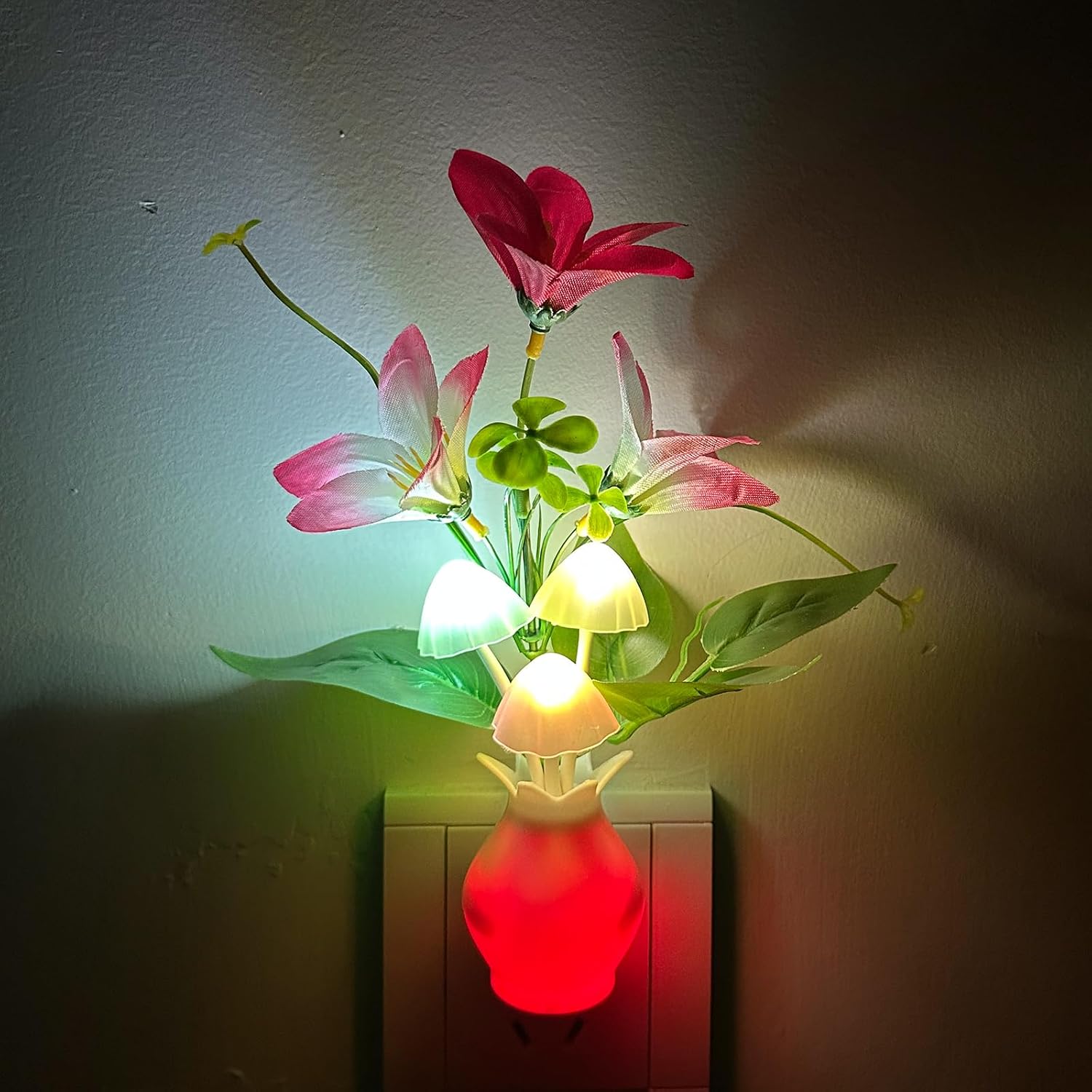 Plug-in Night Light with Auto Light Sensor, RGB LED Mushroom Night Light Wall Based Flower Lamp 1W Energy Efficient Nursery Nightlight…