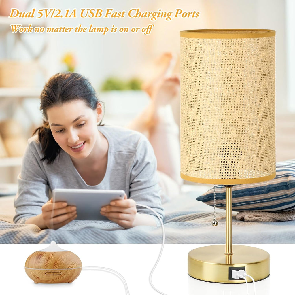 Set of 2 Table Lamp with 2 USB, Vintage Bedside Lamps for Bedrooms, Nightstand Lamps with Pull Chain, Bamboo Woven Desk Lamps with Rattan…