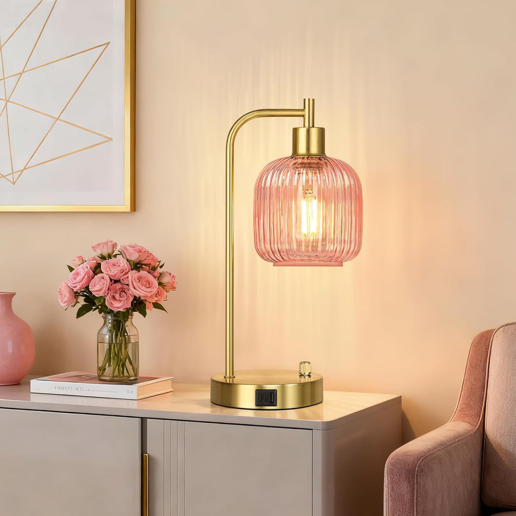 QiMH Industrial Table Lamp for Bedroom Set of 2, Pink Glass Beside Lamp with USB A&C Ports, Stepless Dimmable Gold Lamps, Nightstand…