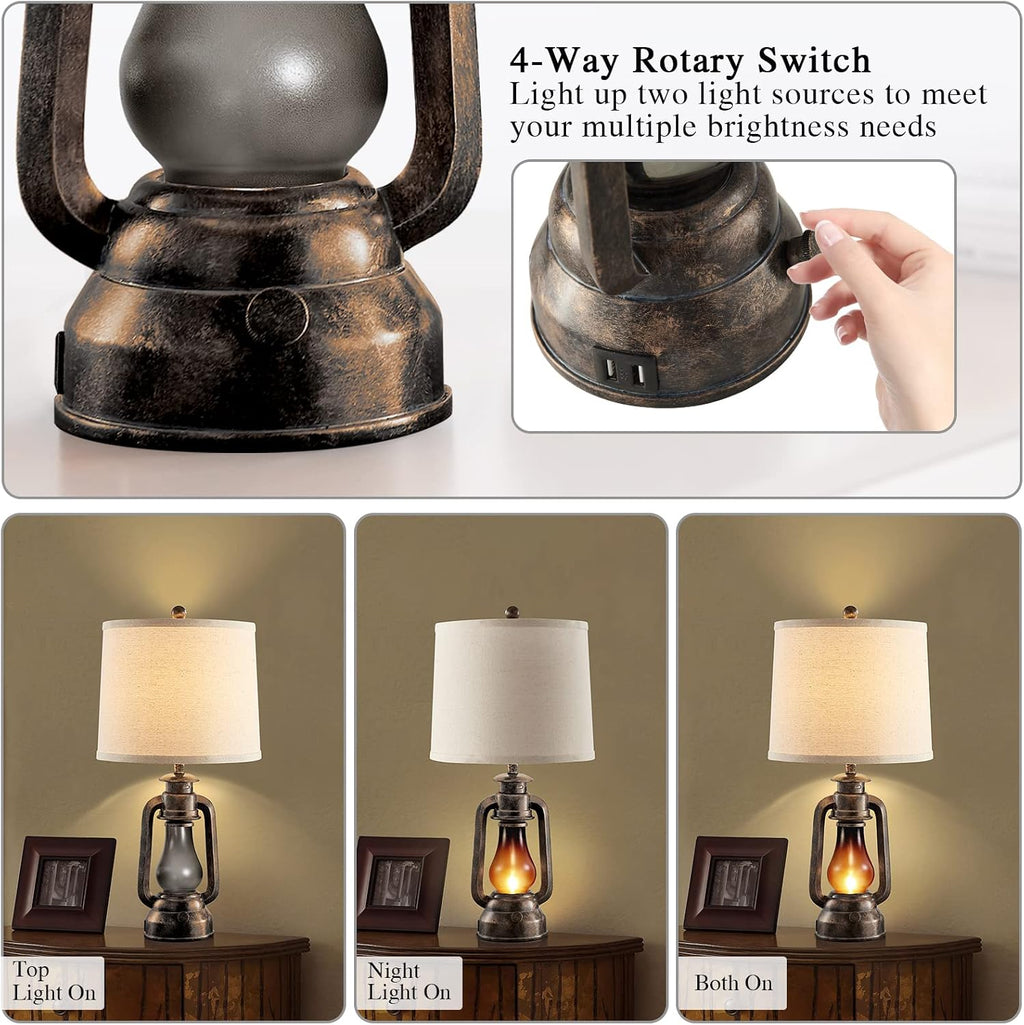 Farmhouse Rustic Table Lamps for Bedroom Set of 2, Vintage Lantern Lamp with Dual USB Charging Ports,25" Retro Antique Bedside Nightstand…