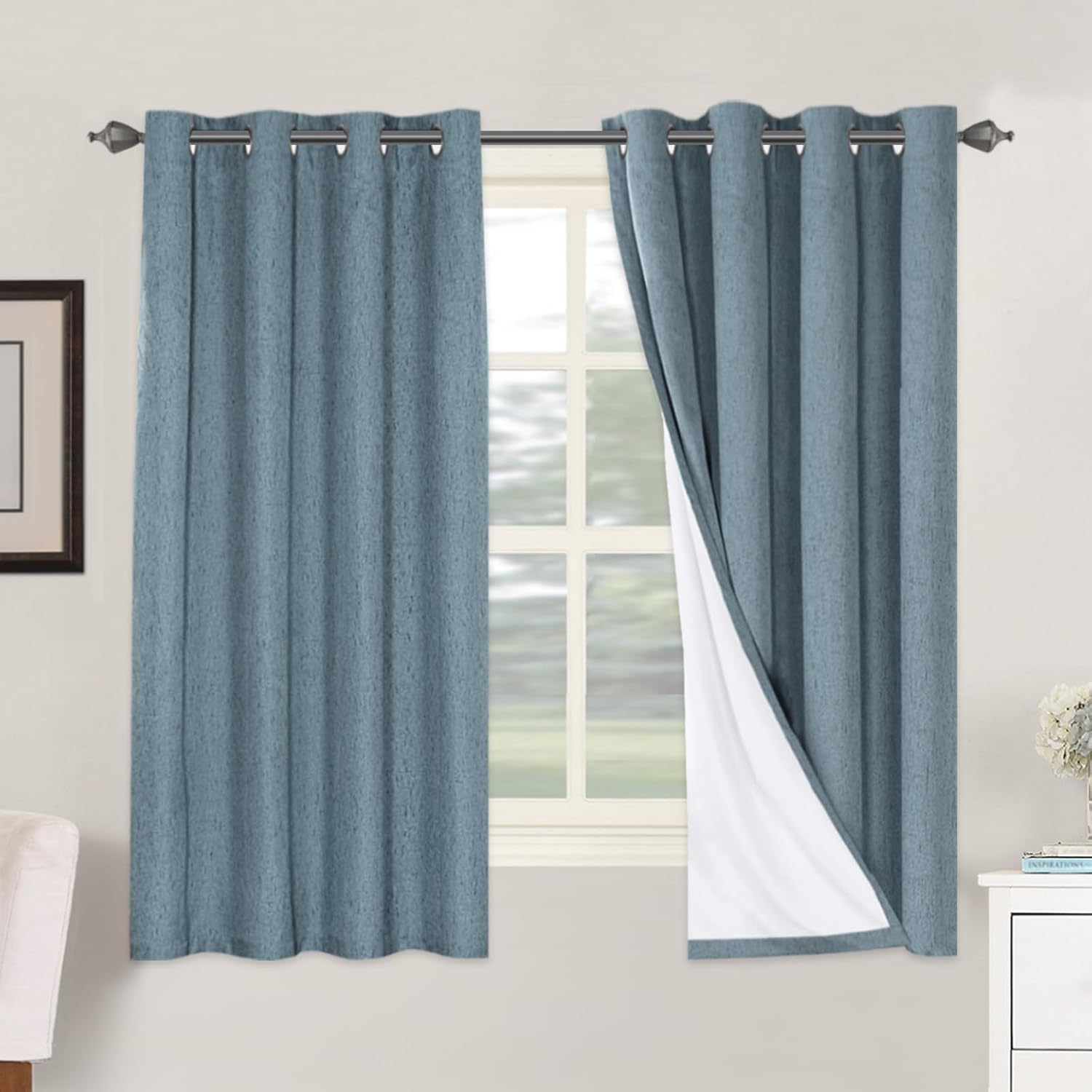 H.VERSAILTEX Linen Blackout Curtains 63 Inches Long 100% Blackout Thermal Insulated Textured Linen Look Curtain Draperies Anti-Rust…