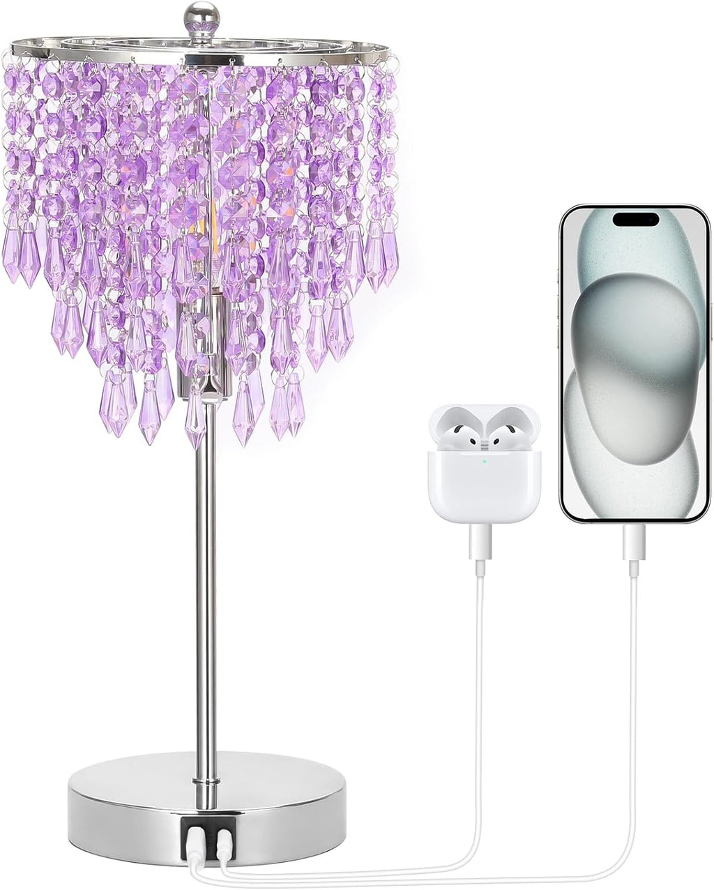 USB Bedside Crystal Lamp, 3 Way Dimmable Touch Nightstand Lamp with Dual USB Charging Ports, Lavender Table Lamp Decorative Accent Lamp…