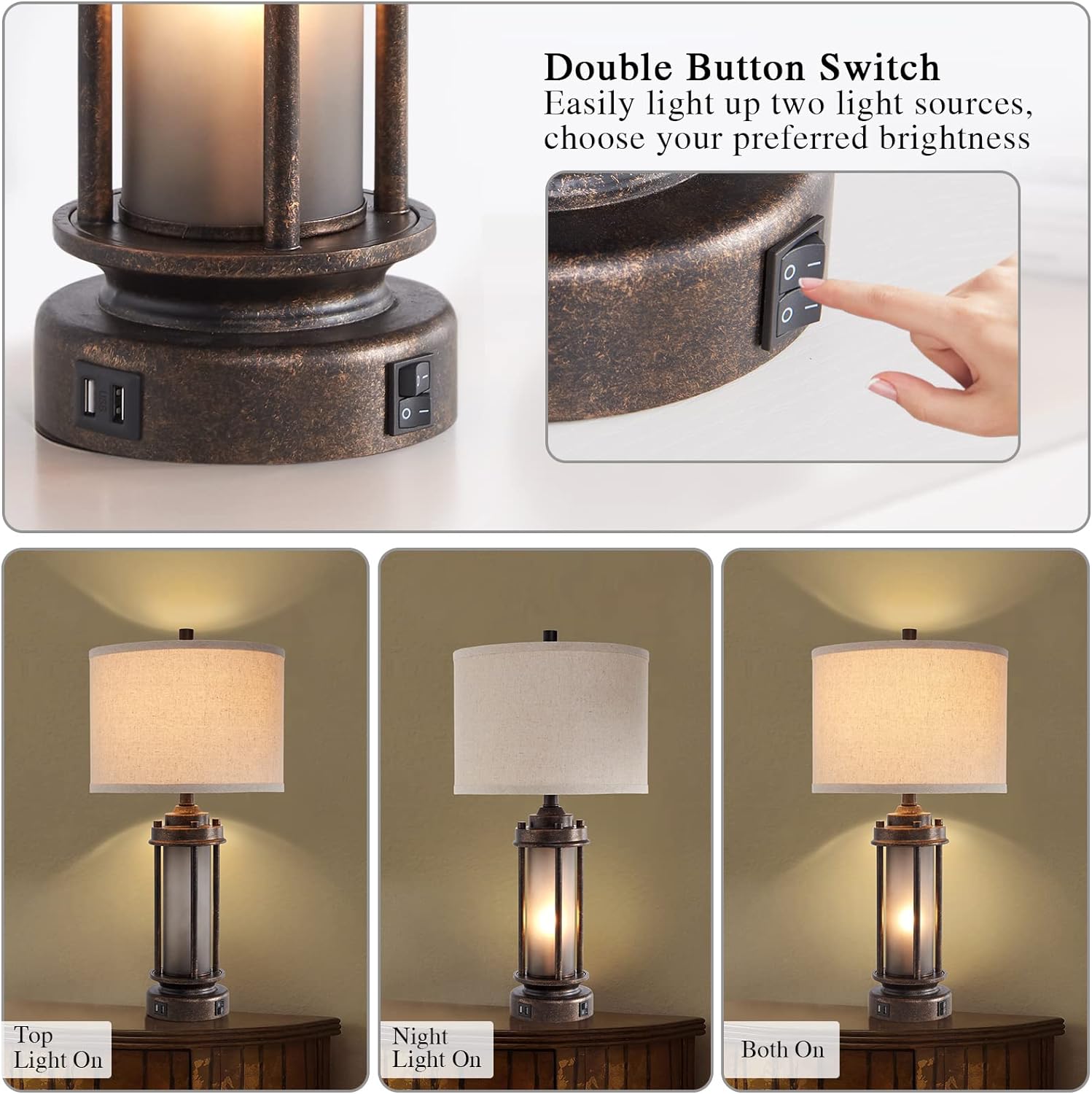 Set of 2 Farmhouse Lamps for Living Room, Rustic Vintage Bedroom Nightstand Table Lamp with 2 USB Charging Ports, Built-In Frosted Glass…
