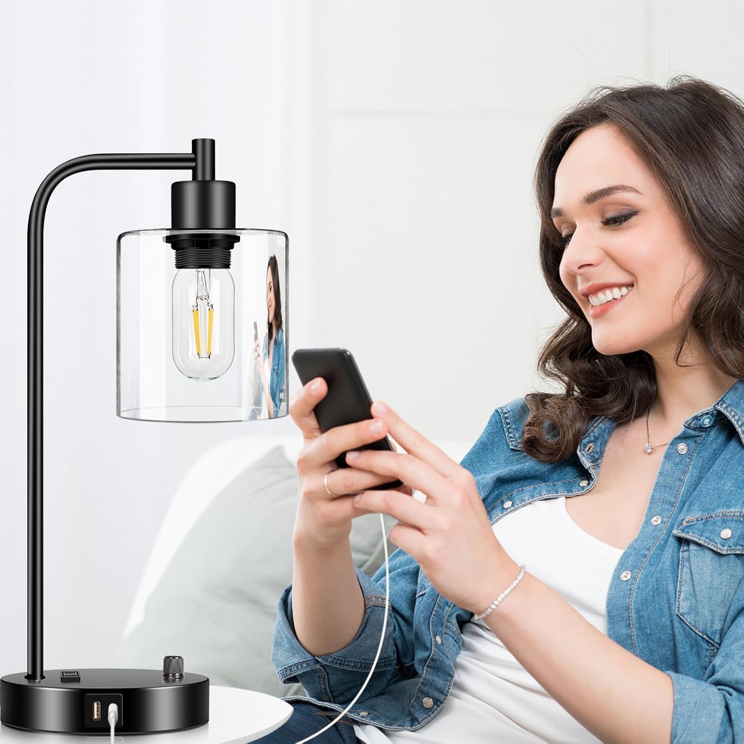 Industrial Table Lamp with USB A+C Ports and Outlet, Fully Stepless Dimmable Modern Nightstand Lamp, Glass Shade Bedside Desk Lamp for…