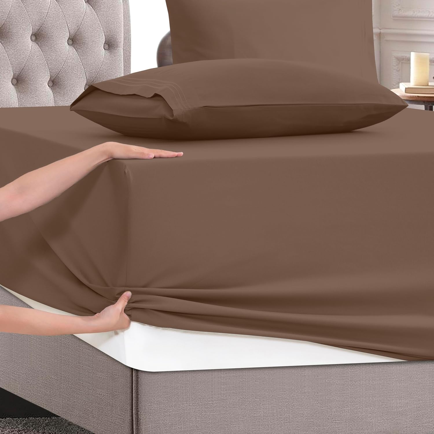 MocassiLuxuryBedding Mocassi Cal King Size 4-Piece Bed Sheet Set - 1800 Hotel Quality Microfiber 18-24 Inches Extra Deep Pocket Fitted Shee…