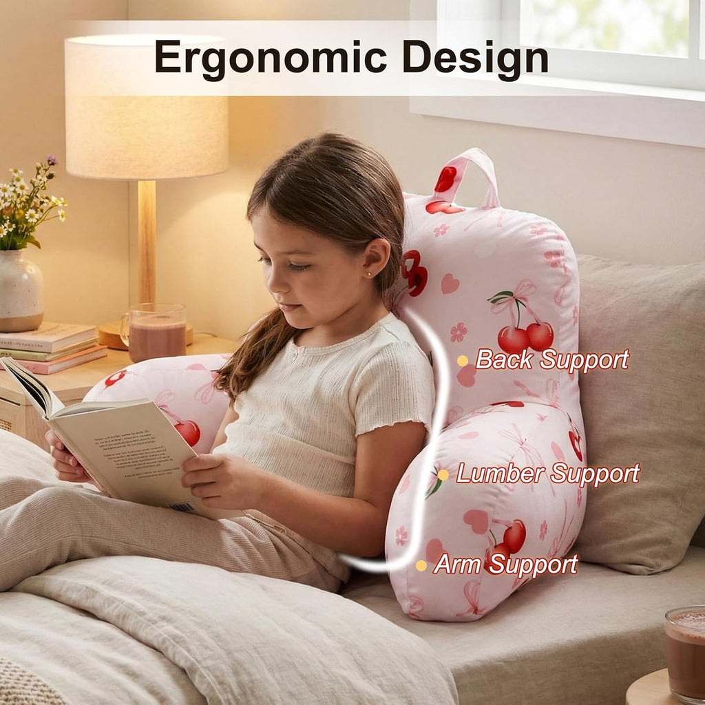 Holawakaka Kids Backrest Reading Pillow with Arms, Cherry Bowknot Print Plush Bed Rest Pillows for Teens Girls Sitting in Bed, Sofa…