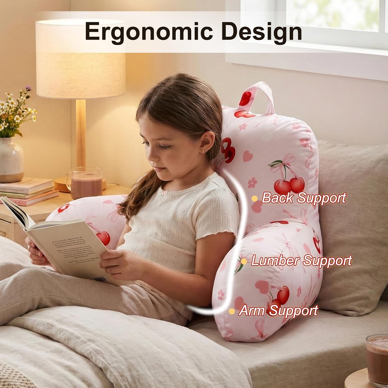 Holawakaka Kids Backrest Reading Pillow with Arms, Cherry Bowknot Print Plush Bed Rest Pillows for Teens Girls Sitting in Bed, Sofa…