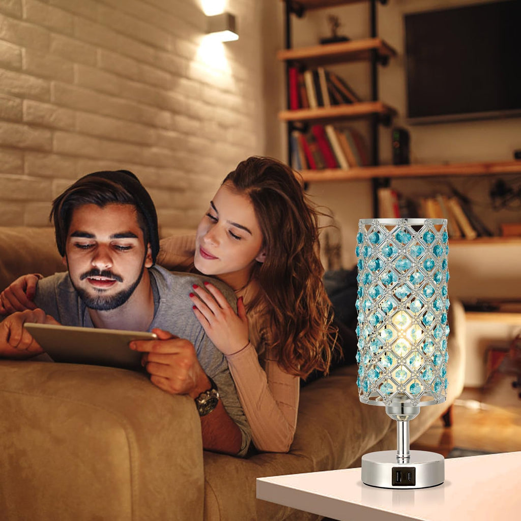 Hong-in Blue Crystal Table Lamp - 3-Way Dimmable Touch Control, Bedside Lamp with USB C and A Ports, Nightstand Light for Living Room…