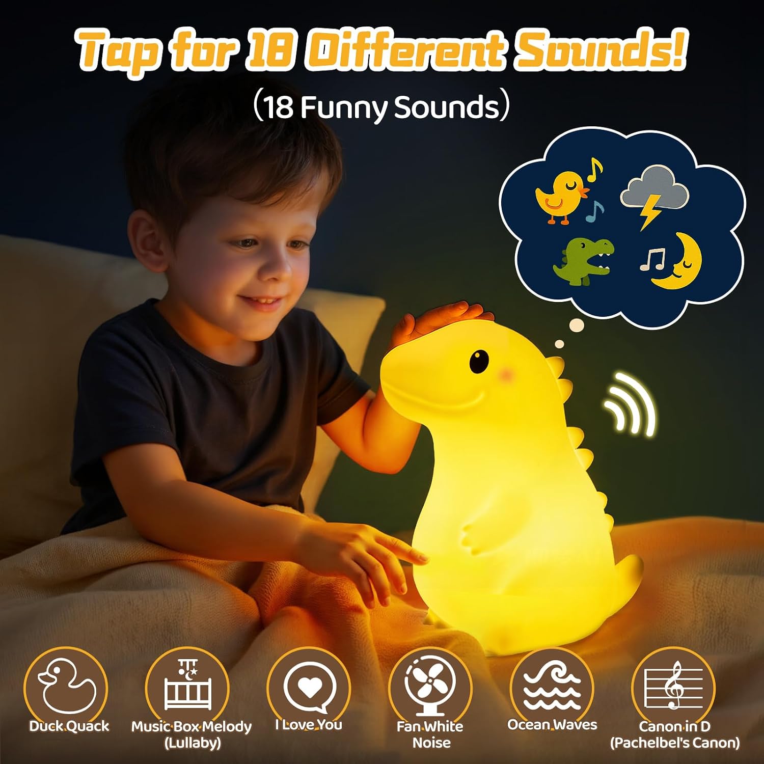 Mewaii Big Dinosaur Night Light for Kids, 7.8 in & 18 Funny Sounds Squishy Silicone Dinosaur Lamp with 3-Level Brightness, Rechargeable…