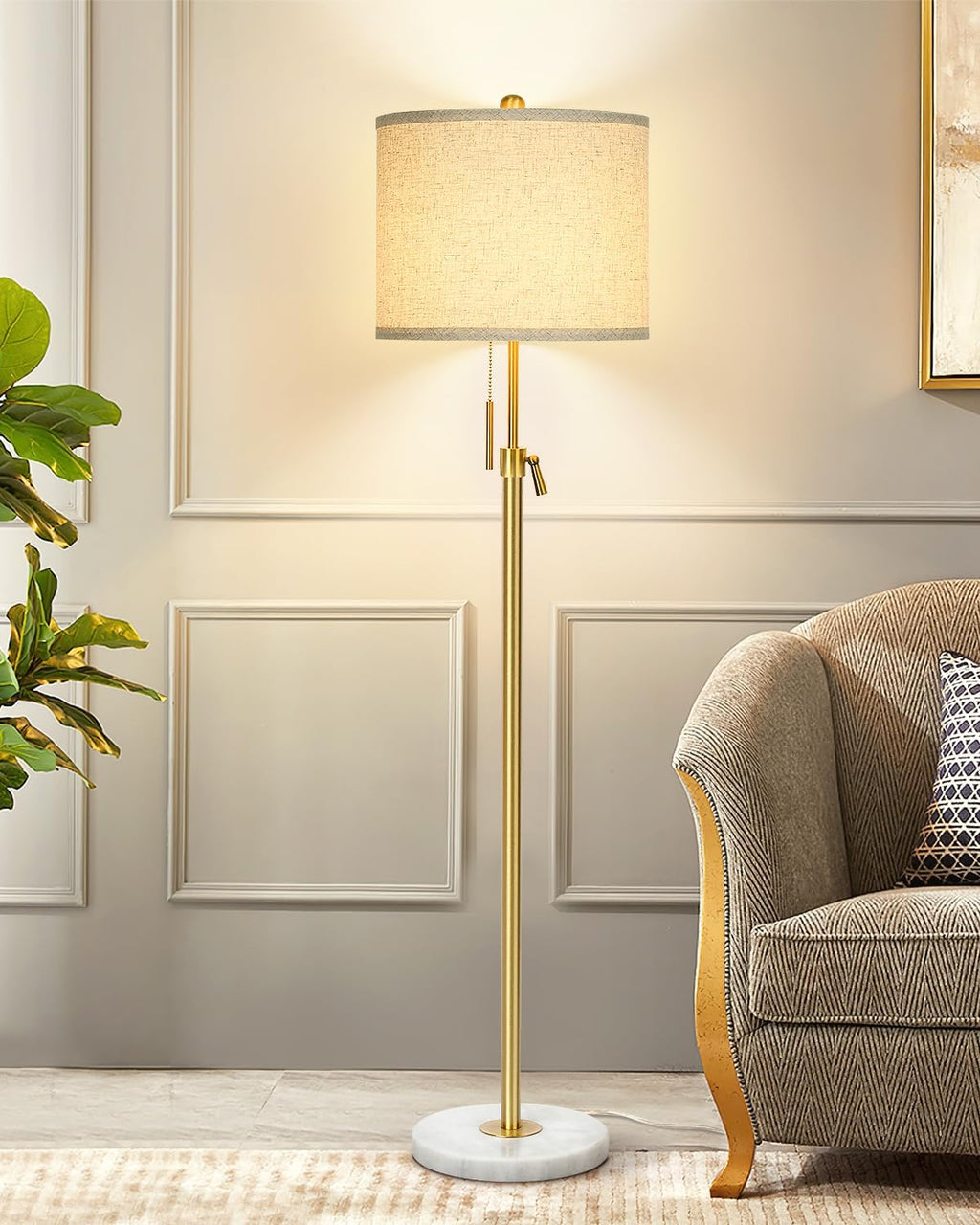 Qingmiao Modern Floor Lamp for Living Room, Adjustable Height Standing Lamp with Marble Base, Gold Tall Pole Light with Linen Shade for…