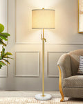 Qingmiao Modern Floor Lamp for Living Room, Adjustable Height Standing Lamp with Marble Base, Gold Tall Pole Light with Linen Shade for…