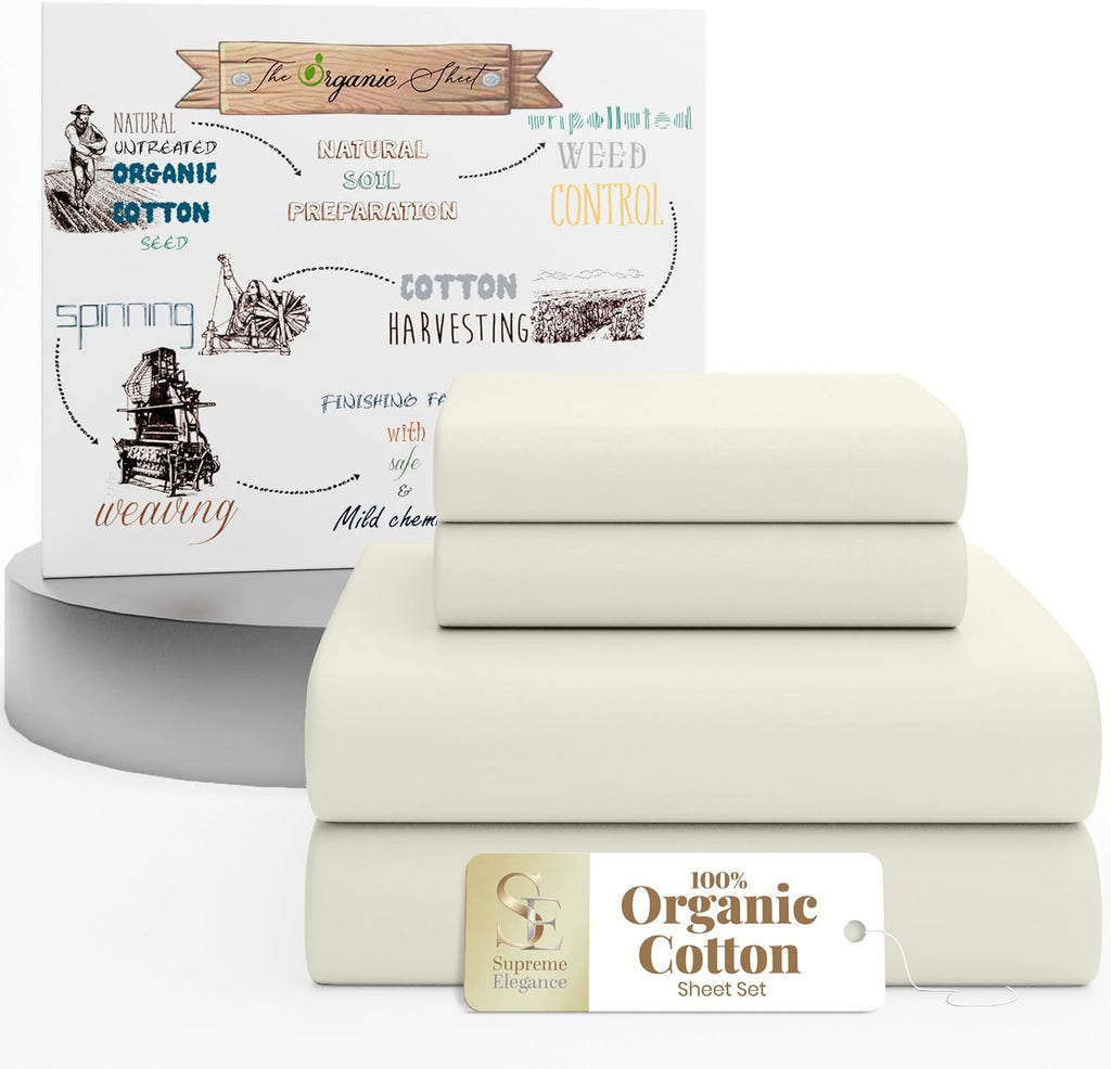 SupremeElegence SUPREME ELEGANCE 4Pc 100% Organic Cotton Full Size Sheets Set, Light Ivory, Cooling Percale, Deep Pocket Fitted Sheet, Fits…
