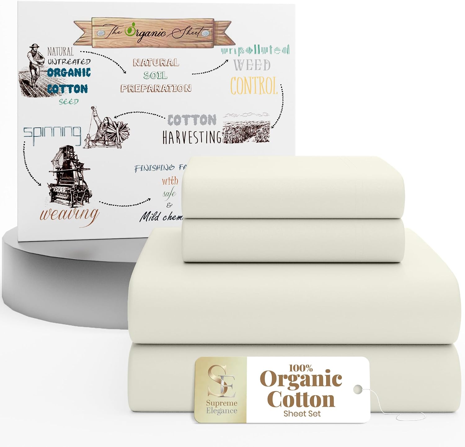 SupremeElegence SUPREME ELEGANCE 4Pc 100% Organic Cotton Queen Sheets Set, Light Ivory, Cooling Percale, Deep Pocket Fitted Sheet, Fits Mat…