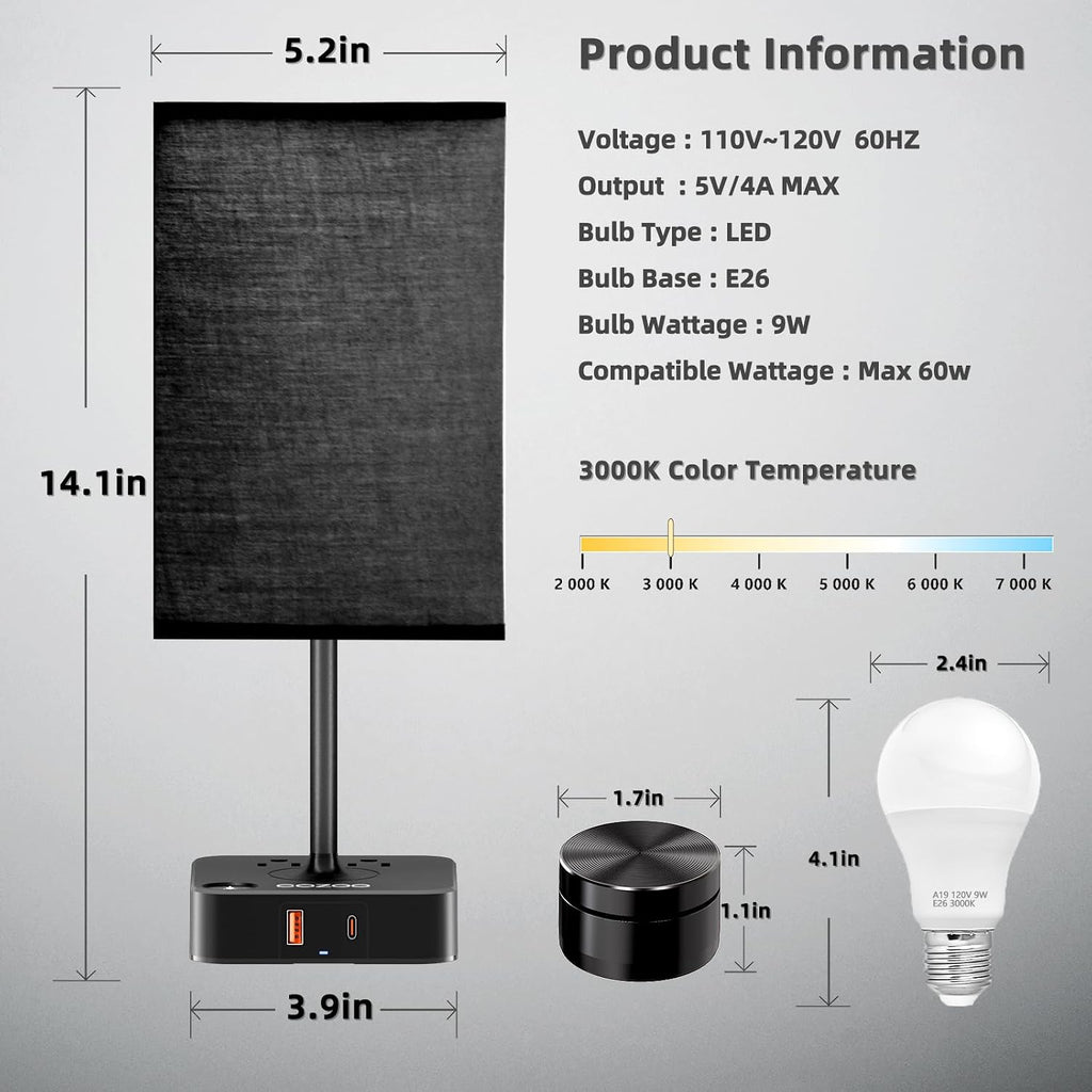 Table Lamp with Remote Operation Control for Bedroom, Dimmable Bedside Table Desk Light with USB C+A Charging Ports 2 AC…