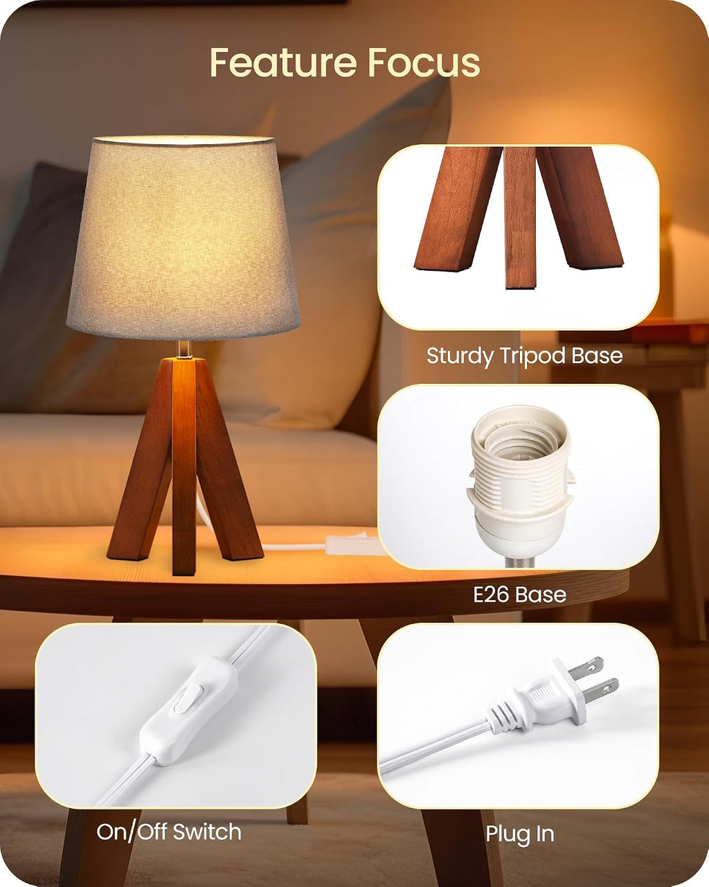 Tripod Table Lamp, 14.6" Small Bedside Lamp with Gray Linen Shade & Dark Wood Base, Modern Nightstand Lamp for Bedroom, Kids Room, Living…