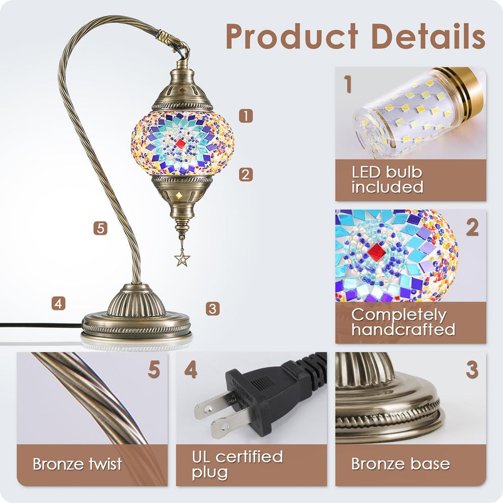 Yarra-Decor Turkish Moroccan Lamp with Bronze Base 3 Color Options Handmade Swan Neck Tiffany Mosaic Glass Bedside Lamps for Bedroom (LED…